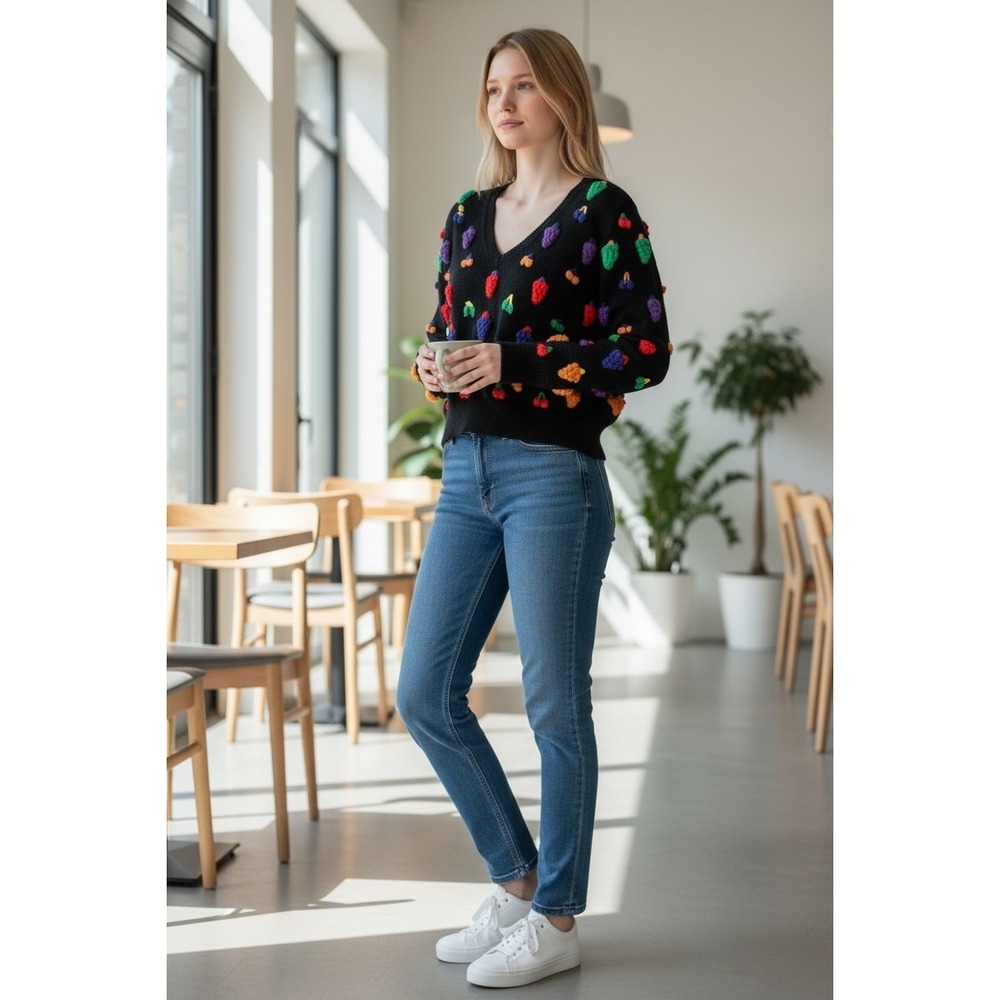 ZARA KNIT Black crochet Fruit V Neck Sweater Women's Size S